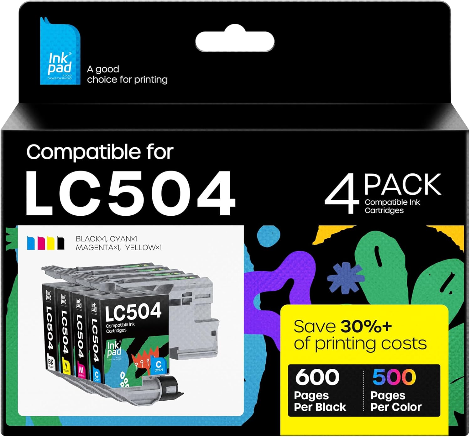 LC504 Ink Cartridges Compatible for Brother LC 504 Work for MFC-J1365DW MFC-J1355DW MFC-J1367DW Printers Black Cyan Magenta Yellow Ink Cartridges 4-Pack