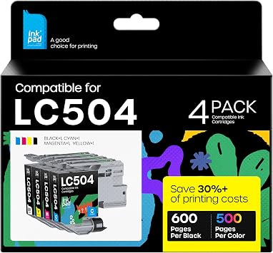 iNKPAD LC504 Ink Cartridges Compatible with Brother LC504 LC504XL | Work for MFC-J1365DW MFC-J1355DW MFC-J1367DW Printers Black Cyan Magenta Yellow Ink Cartridges 4-Pack