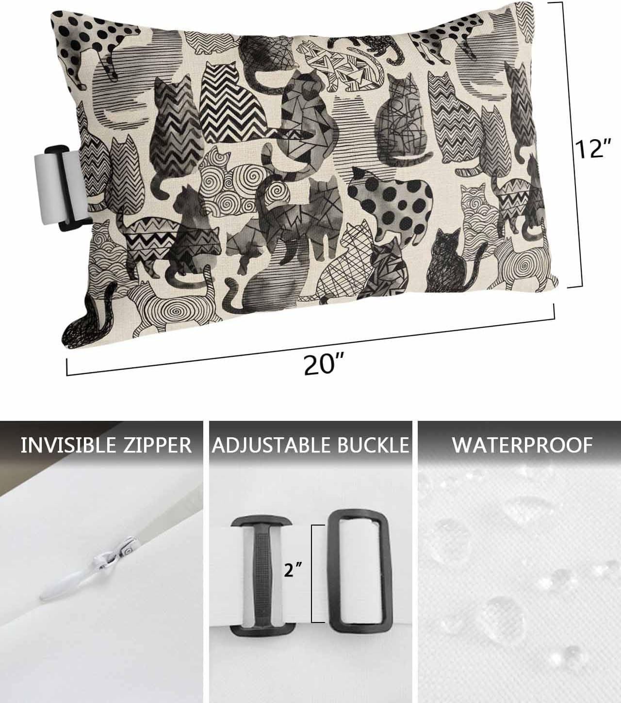 Pack of 2 Outdoor Lumbar Pillow Covers 12x20 Inch, Cat Waterproof Throw Pillow Covers Set, Vintage Geometric Abstract Polka Dot Indoor&Outdoor Decorative Cushion Cases for Patio Porch Car
