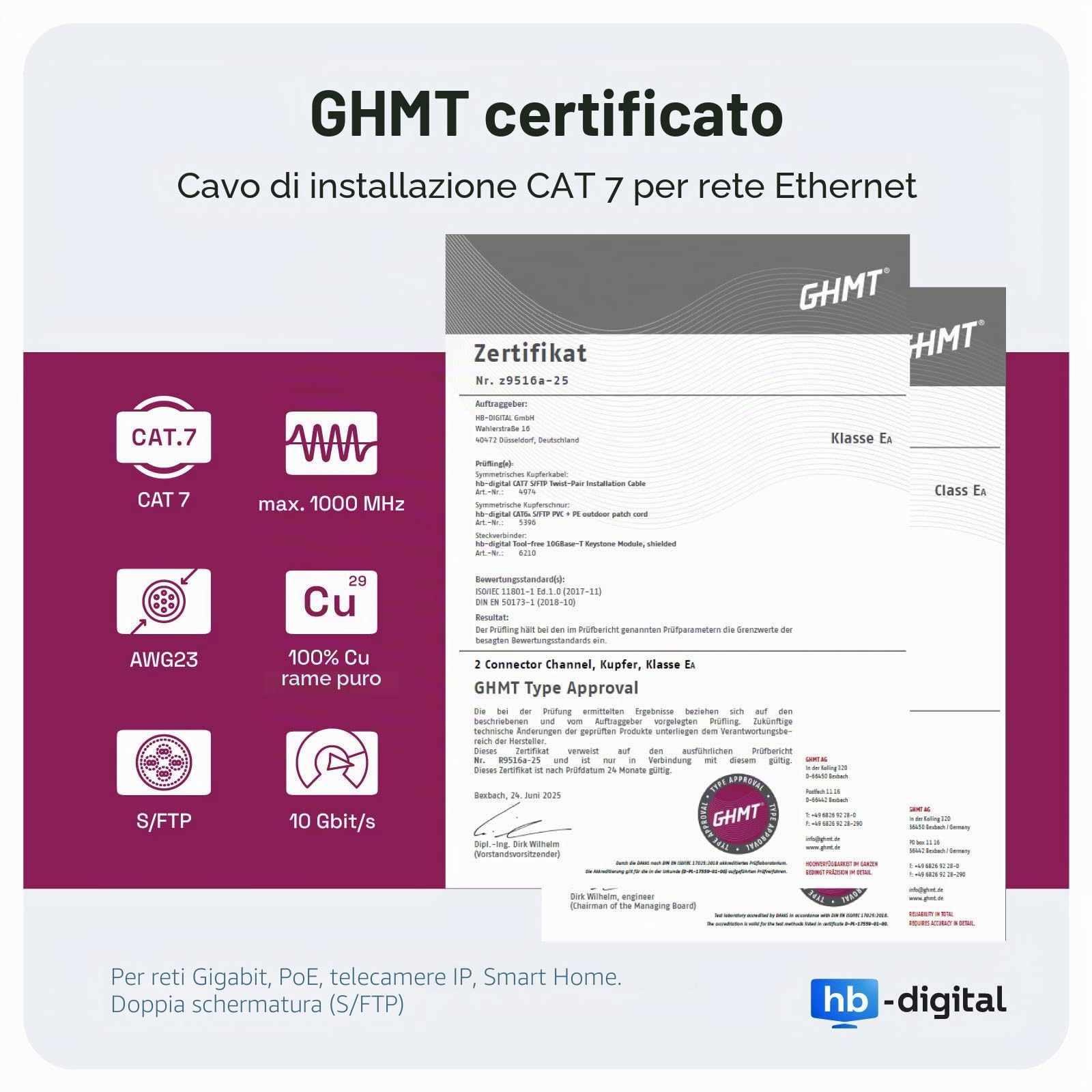 HB-Digital 25m Cavo di rete LAN Duplex Ethernet CAT.7 1000 MHz cavo lan S/FTP PIMF LSZH senza alogene RoHS compliant 10 Gbps puro rame AWG23 2 fili collegati Certificato GHMT