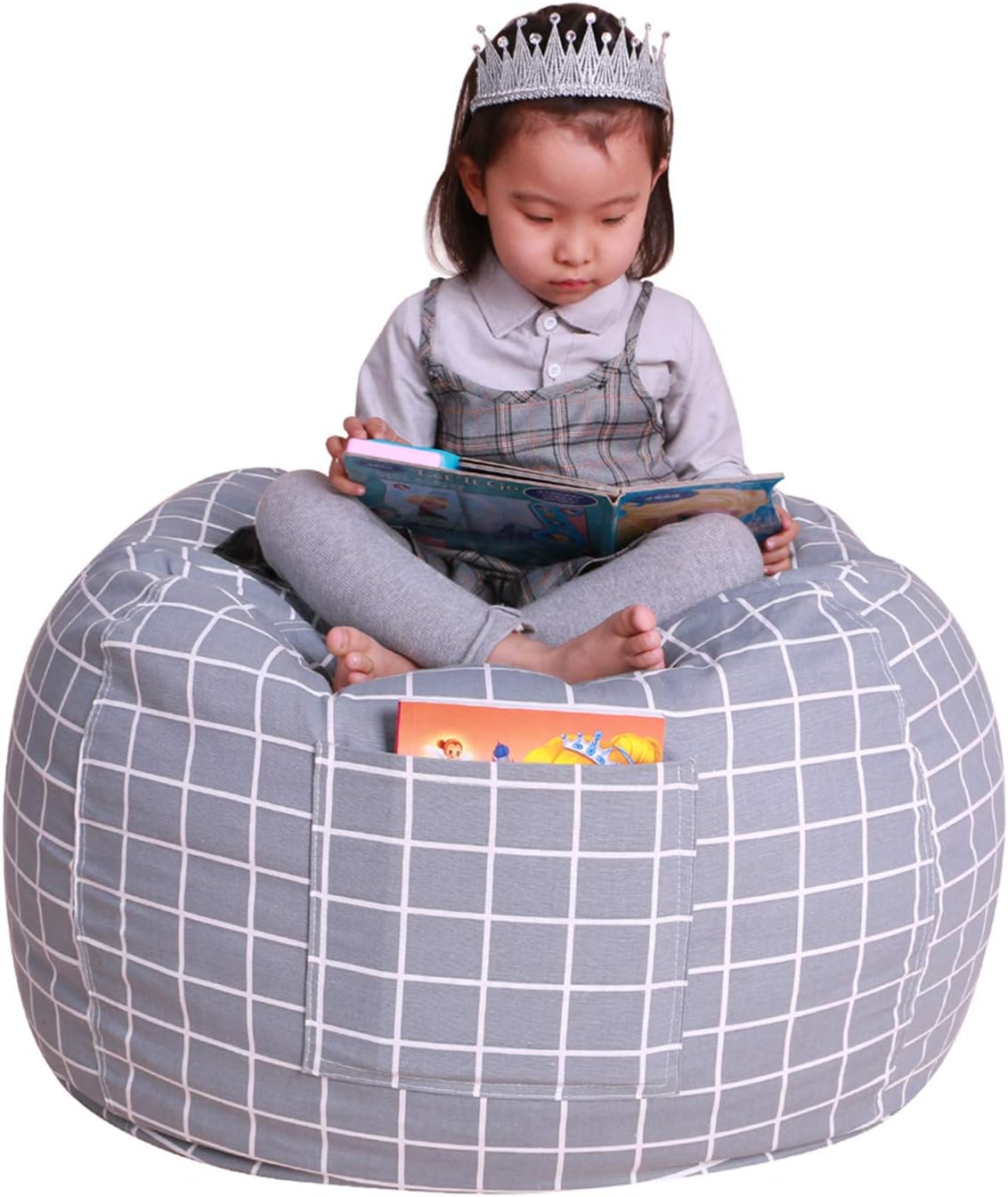 Great Eagle Stuffed Animal Storage Bean Bag Chair Cover|38" Extra Large Cotton Canvas | Bean Bag Chair for Kids, Toddlers and Teens(Boys or Girls)|Toy Storage Bag|Grey Checker