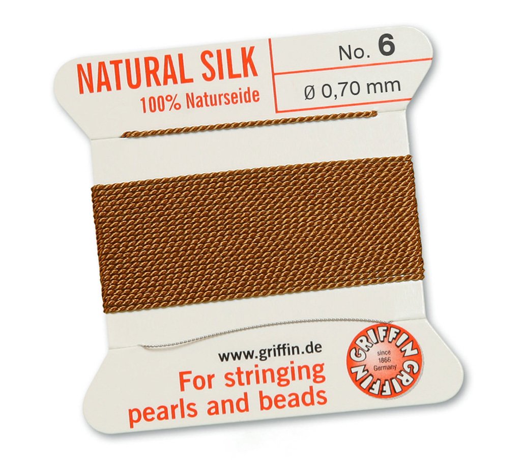 GRIFFIN 100% Natural Silk Beading Cord String Thread - Carnelian Orange Brown - 2 metres with one needle - Size 0.70mm