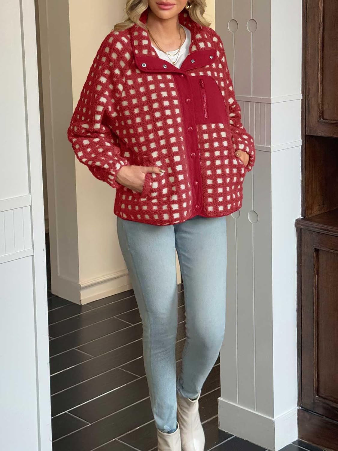 Tankaneo Womens Fleece Sherpa Jacket Fuzzy Checkered Button Down Stand Collar Jacket Winter Warm Outerwear - Image 5