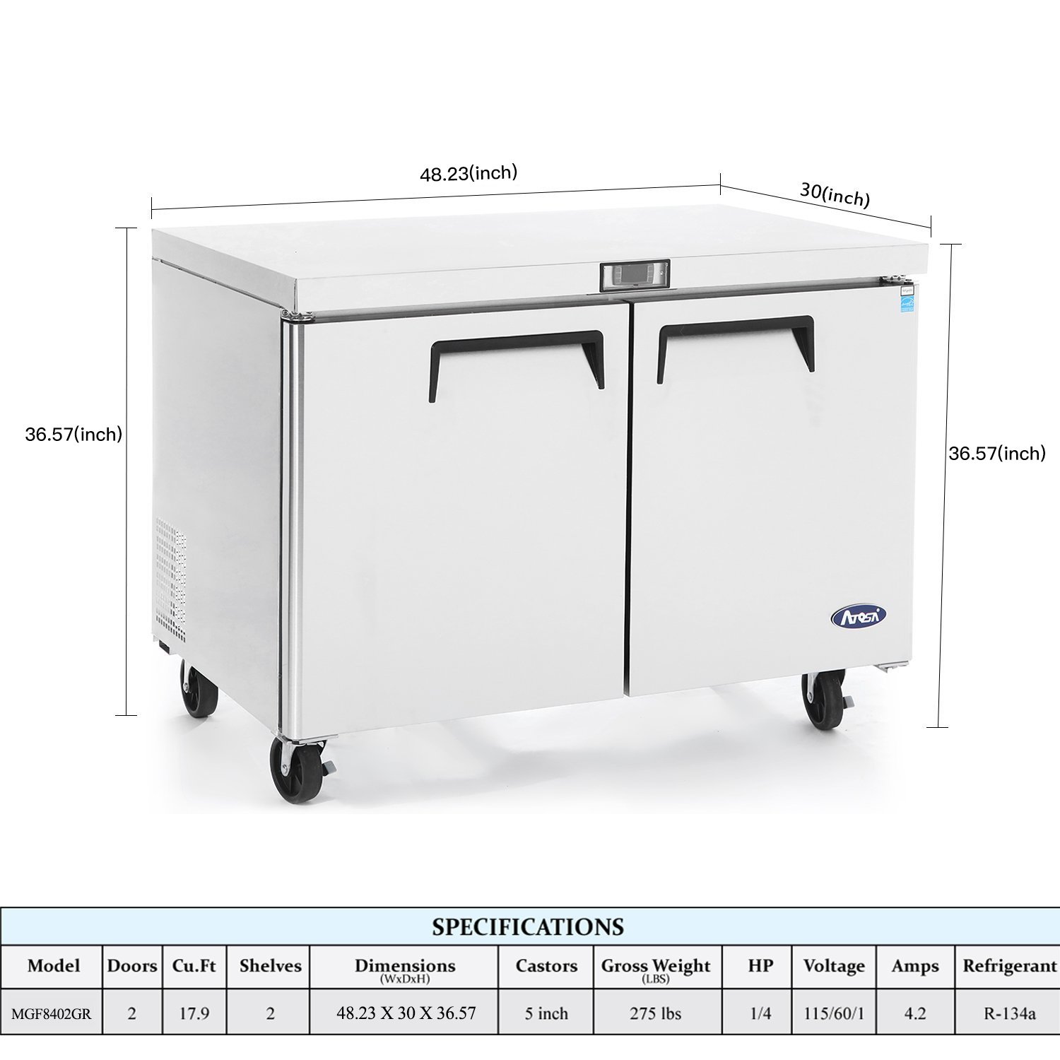 Atosa Commercial Undercounter Refrigerator,Commercial Medium Beverage Cooler Fridge Center Mgf8402 2 Door Stainless Steel Horizontal Refrigerators 12 Cu.Ft.48w30d36.6h Inch 32?-38? on Fridge.com - View 3