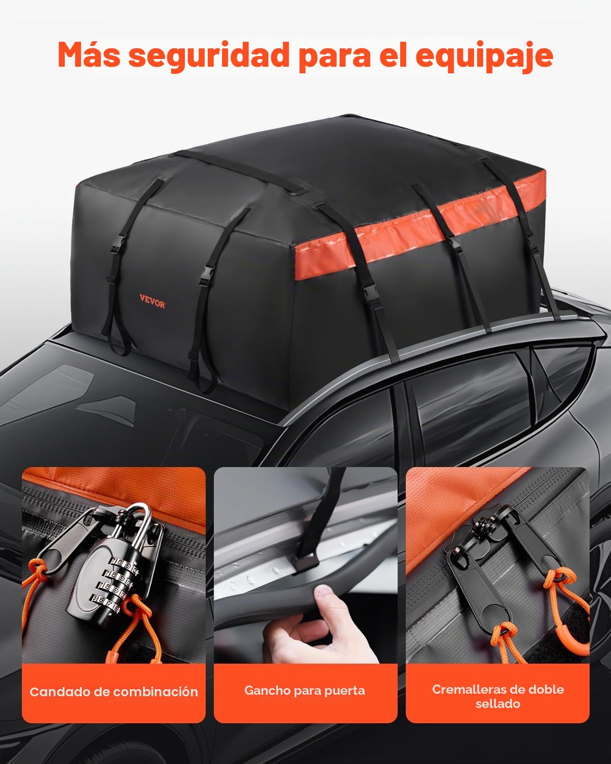 VEVOR Bolsa de Carga para Techo de Automóvil, Resistente, 840D PVC, 100% Impermeable, para Todos los Vehículos con o sin Portaequipajes, con Cerradura, Gancho para 6 Puertas, 125 x 93 x 56 cm