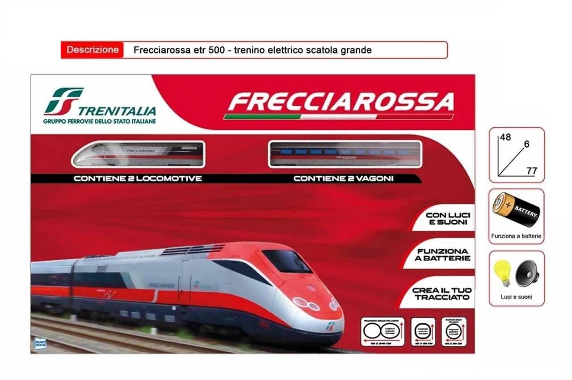 Pista Trenitalia Frecciarossa ERT 500 Scala 1:43 con luci e Suoni - Treno Giocattolo 2 locomotive 2 vagoni e 3 tracciati binari- Funzionamento a Batteria + portachiave cubo