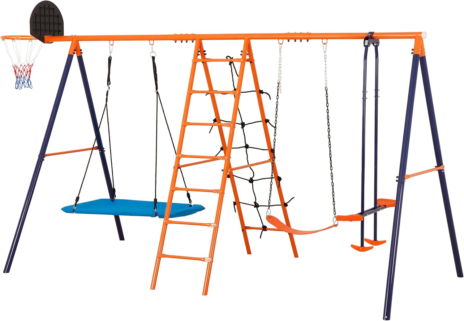 SUPER DEAL Outdoor Swing Set for Kids, Metal Playset with Adjustable Swings, Climbing Ladder and Nets, Swing Glider, Basketball Hoop for Backyard Playground, Heavy Duty 6 in 1