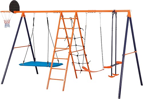 Miniatura 8 de SUPER DEAL Juego de columpios para exteriores para niños, juego de metal con columpios ajustables, escalera de escalada y redes, columpio