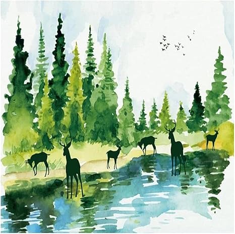 Amazon 壁の3d壁紙ウォールステッカー現代の水彩画のエルクの森の風景 リビングルーム寝室オフィスキッチンソファテレビ背景装飾のためのdiyウォールアートステッカー 400x280cm 壁紙