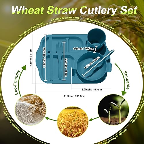 Miniatura 3 de Honoson Juego de 24 cubiertos de paja de trigo, incluye platos divididos para niños pequeños, aptos para microondas y lavavajillas, vajilla