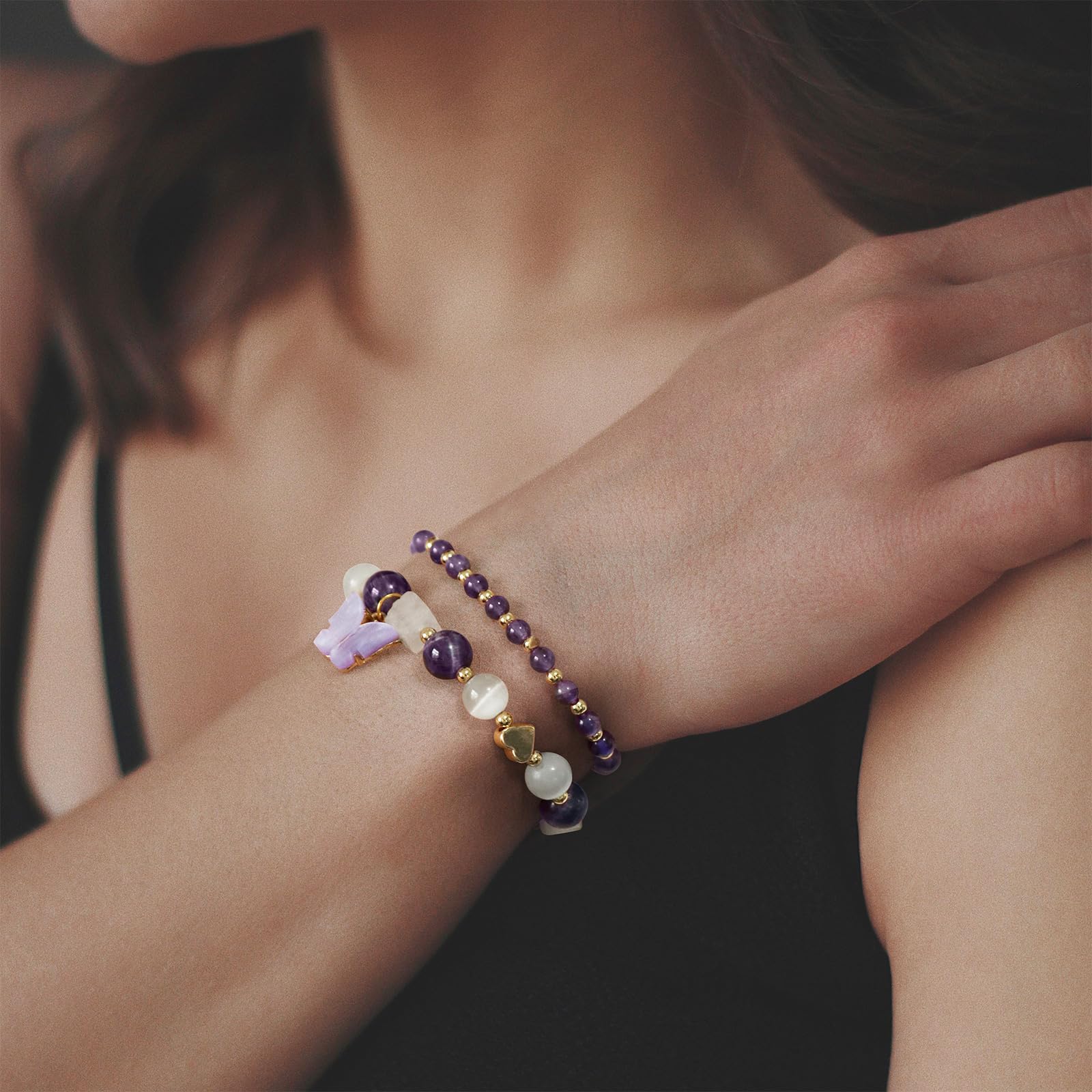 Braccialetto di Ametista per Donna, Braccialetti Anti-ansia con Perline di Ametista, ciondoli a Farfalla, Braccialetti a Strati di Pietre per Donna