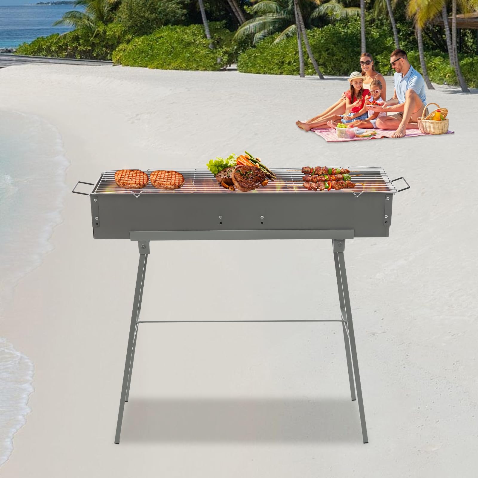 Barbecue a carbonella, portatile, pieghevole, con sportello ad aria regolabile, in lega di zinco e ferro a carbonella, per cucinare all'aperto, campeggio, escursioni, picnic, viaggi in zaino