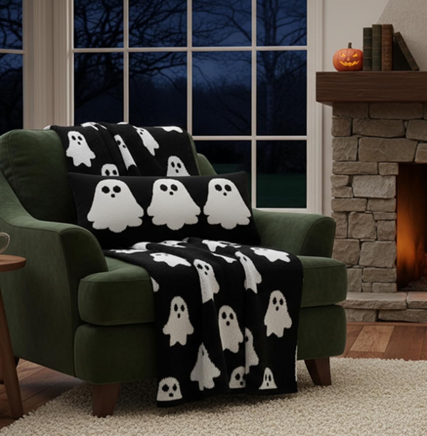 Breling Halloween Ghost Throw Blanket Set 50"x 60" Double Sided Black White Throw Blanket 2 Pack Ghost Pillow Covers 14'' x 26'' Lumbar Pillowcase for Halloween Sofa Bed Couch