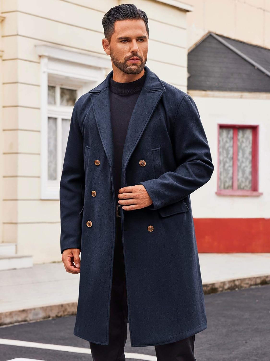 Navy Slim Fit Double Breasted Overcoat for Men