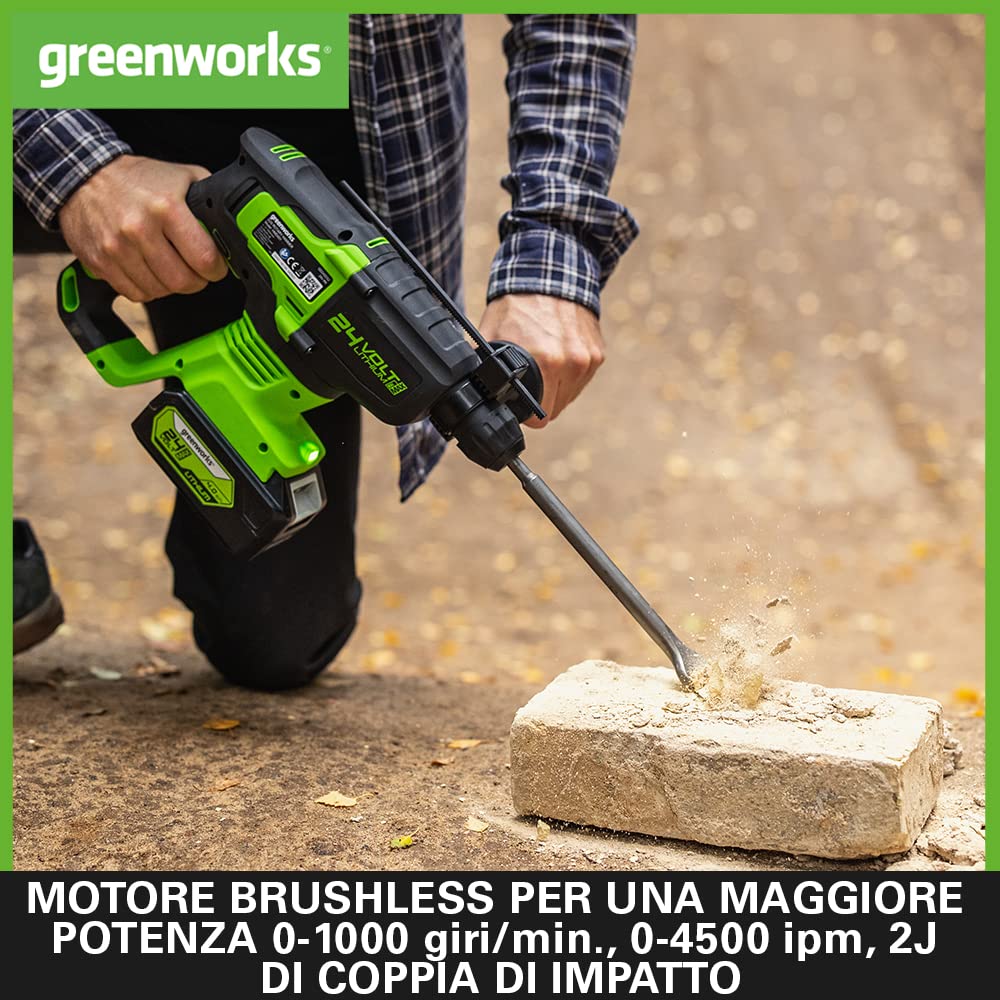 Greenworks GD24SDS2 Trapano a Percussione SDS a Batteria, Motore Brushless, 0-1000 giri/min, 0-4500ipm, 2 Joule di Coppia, SENZA Batteria 24V e Caricabatterie, Garanzia 3 Anni