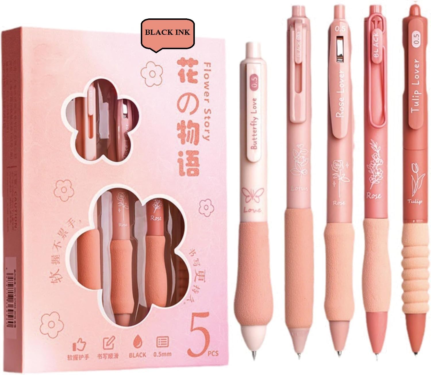 RECLUSE Flower Theme 5 Pcs Gel Pens, Quick Dry black Ink Pen Fine Point 0.5mm, Aesthetic Stuff Retractable Rolling Ball Gel Pen Smooth Writing for School Supplies Journaling Comfortable & Soft Grip