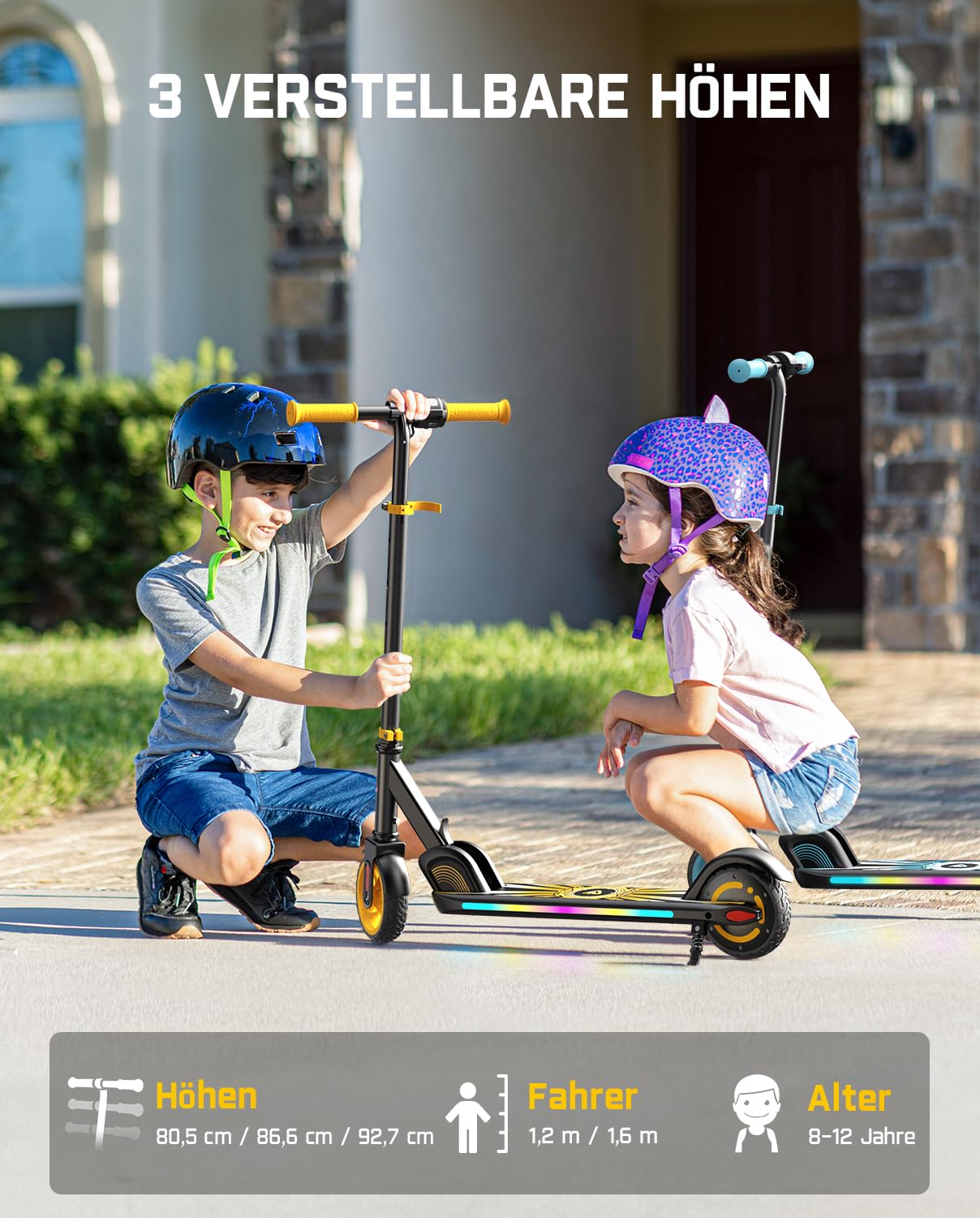 FanttikRide C9 Apex Elektroroller für Kinder 8-12 Jahren, Bluetooth-Musik, Bunte Regenbogenlichter, 8/12/16 km/h, 8 KM Reichweite, LED-Anzeige, Höhenverstellbar, Faltbar, für Jungen und Mädchen