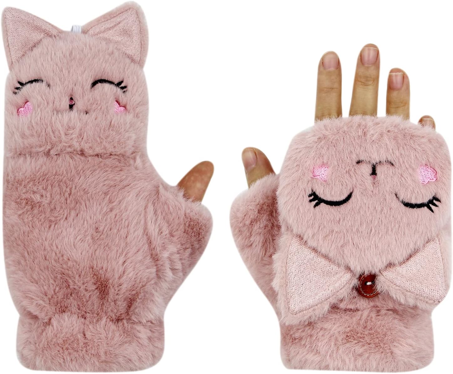 Girls Winter Convertible Mittens Cute Animal Cat Fleece Lined Warm Flap Cover Gloves Mitten for Kids