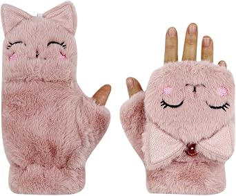 Girls Winter Convertible Mittens Cute Animal Cat Fleece Lined Warm Flap Cover Gloves Mitten for Kids