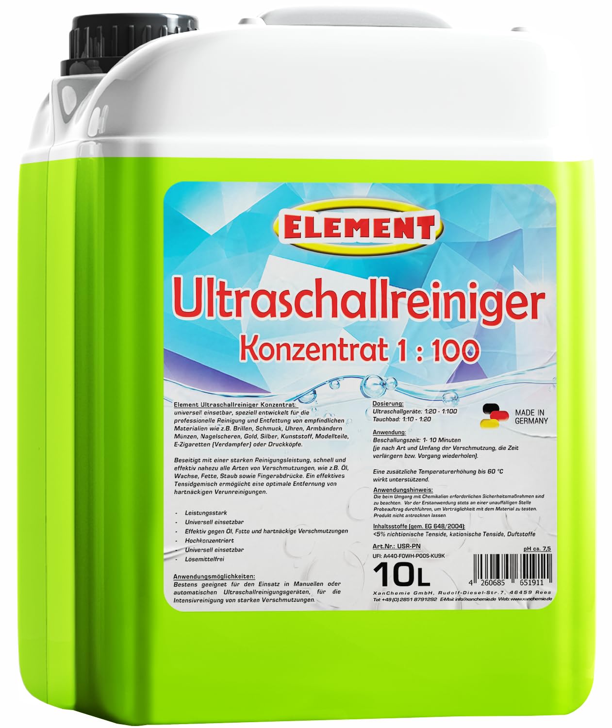 Ultraschallreiniger I Konzentrat 1:100 I 10 Liter I zur Reinigung von Brillen, Schmuck, Uhren, Münzen und sonstiger Kleinteile im Ultraschallbad
