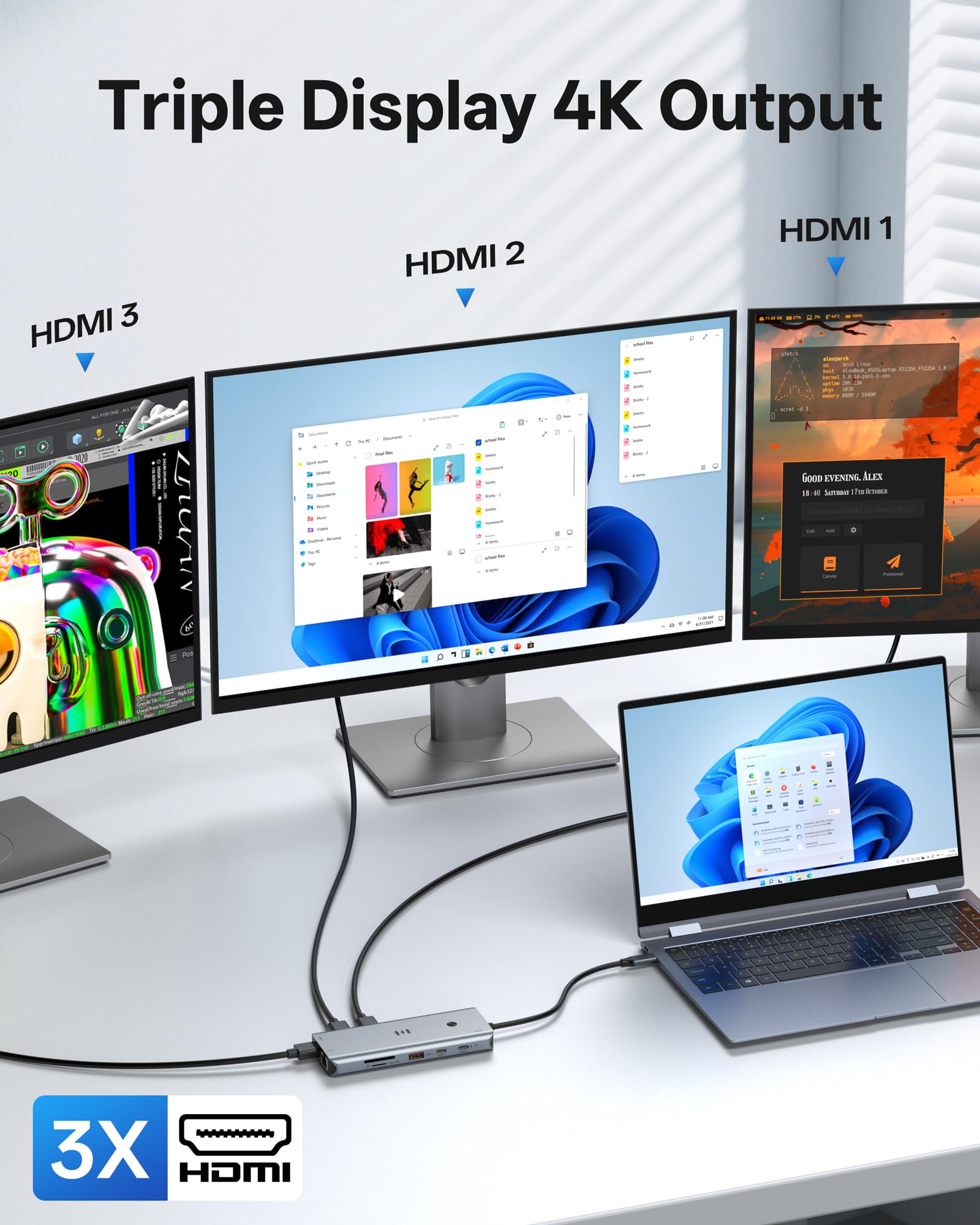 Stacja dokująca USB C 3 HDMI, 12 w 1, 3 monitory, potrójny wyświetlacz, 100 W PD, 10 Gbps USB A/C 3.1, RJ45 Ethernet, czytnik kart SD/TF do Dell/HP/Lenovo