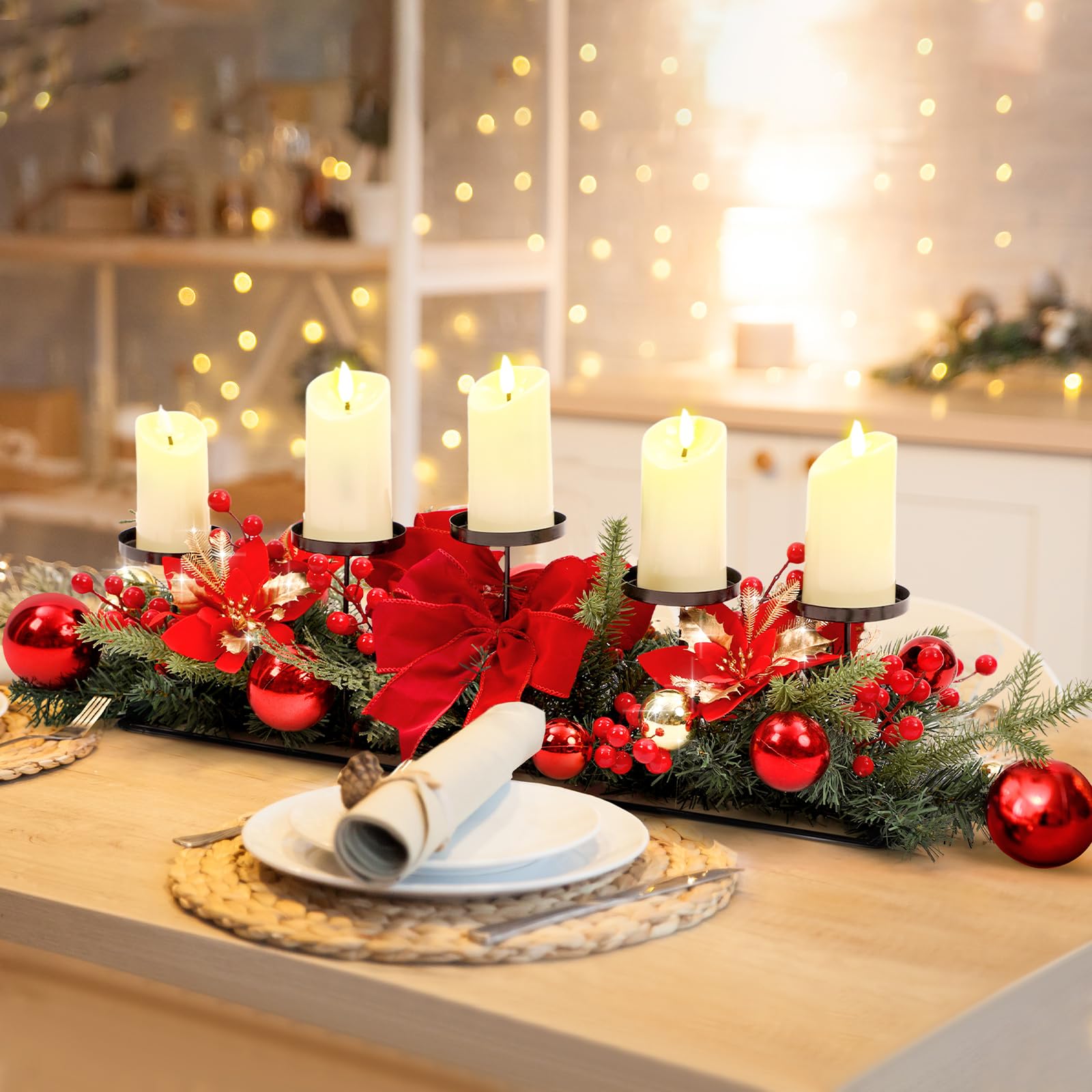 funnymoom christmas tabletop centerpiece 30 inch christmas poinsettia candle holder with 5 candle artificial table decorations with red berries gold plants(bowknot)