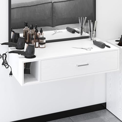 4ever2buy Wall Mount Salon Station, 36" White Barber Station Organizer with Drawer and Shelves, Hair Salon Station with 3 Dryer Holders, Salon Station Wall Mount for Hair Stylist