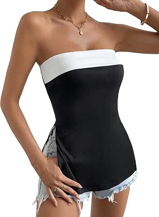 SOLY HUX Women's Plus Size Strapless Tube Top - Color Block Split Hem Bandeau Shirt