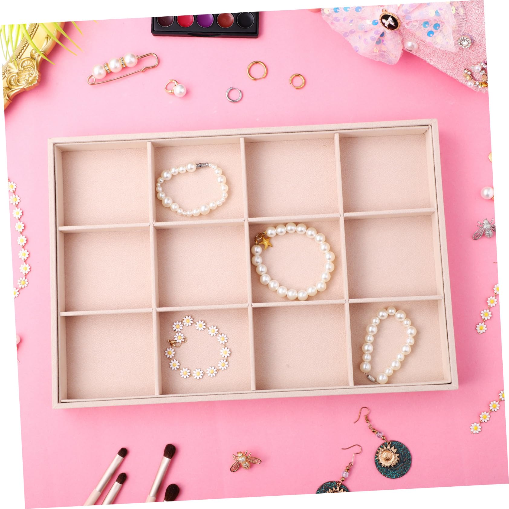 COLLBATH Bandejas para Joyas Terciopelo 12 Compartimentos Organizador de Joyería para Collares y Anillos Uso Personal y Exhibición 2 Unidades Apilables