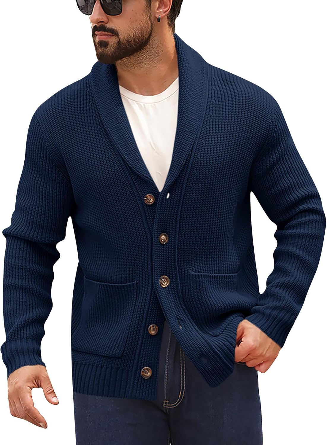 Runcati Mens Shawl Collar Cardigan Sweater Button Down Ribbed Knit Sweaters Chunky Casual Cardigan with Pockets