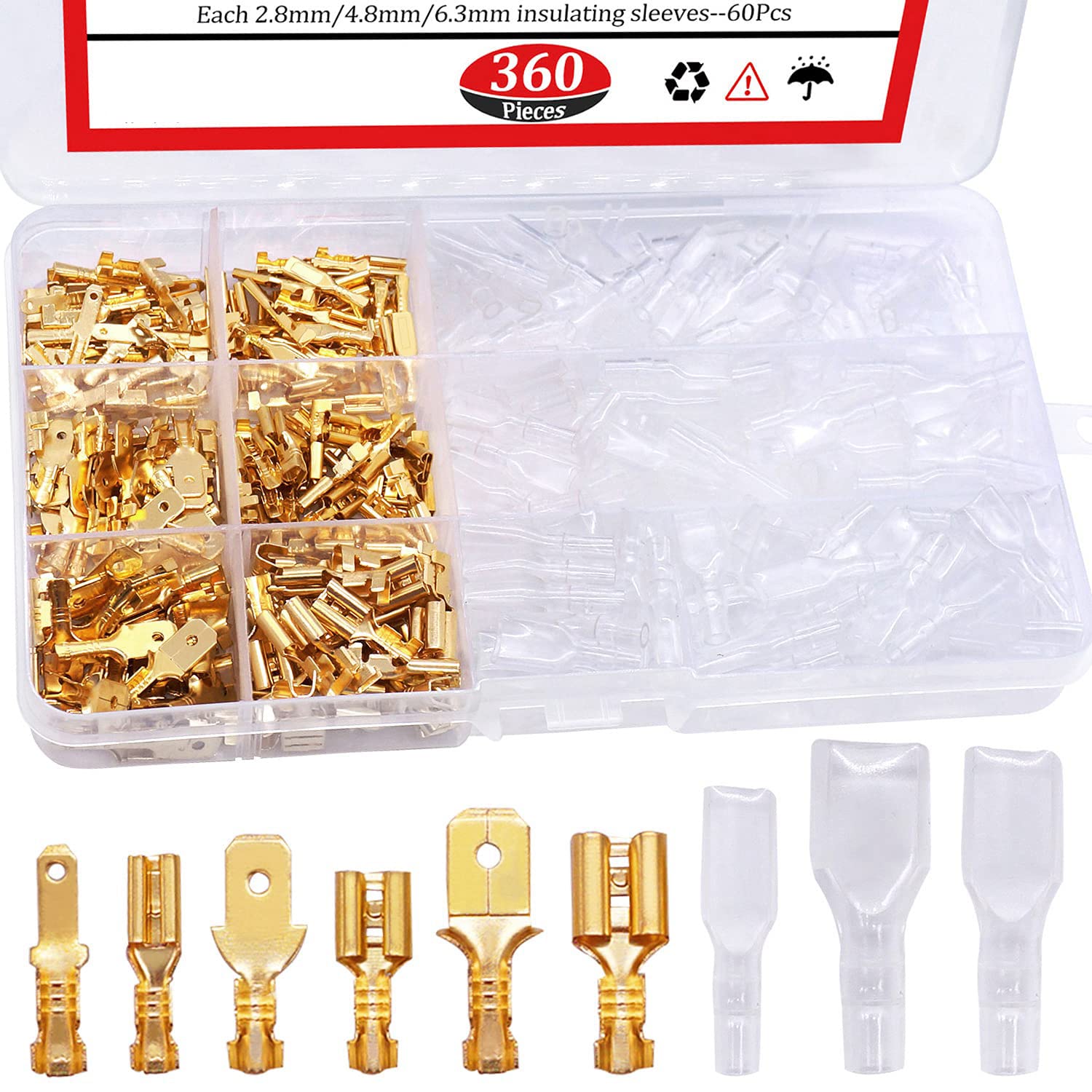 MAKINGTEC 360Pcs 2.8/4.8/6.3mm Quick Splice Male and Female Wire Spade Connector Crimp Terminal Block Assortment Kit Golden with Insulating Sleeve forCar Audio Speaker