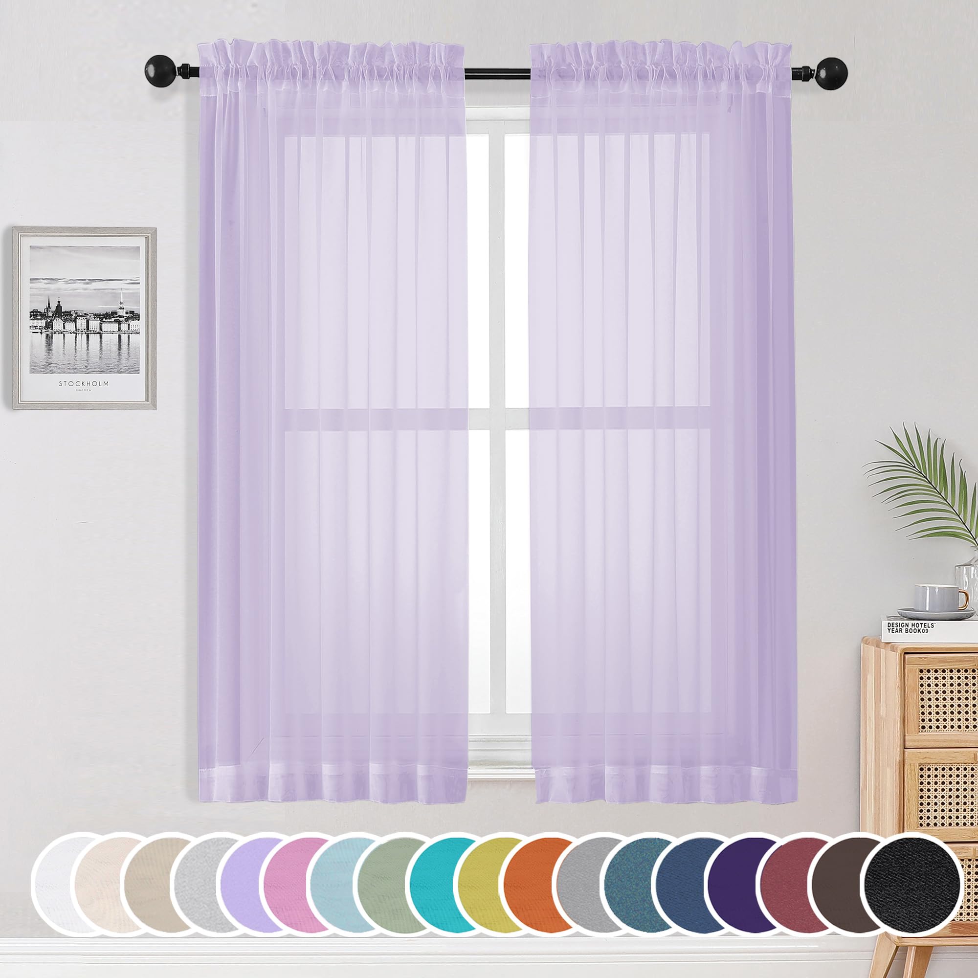 OWENIE Light Purple Sheer Curtains 63 inch Length 2 Panels Set, Rod Pocket Light Filtering Fimly Sheer Curtains for Bedroom Living Room, Soft Solid Color Voile Sheer Curtains, 42Wx63L inch