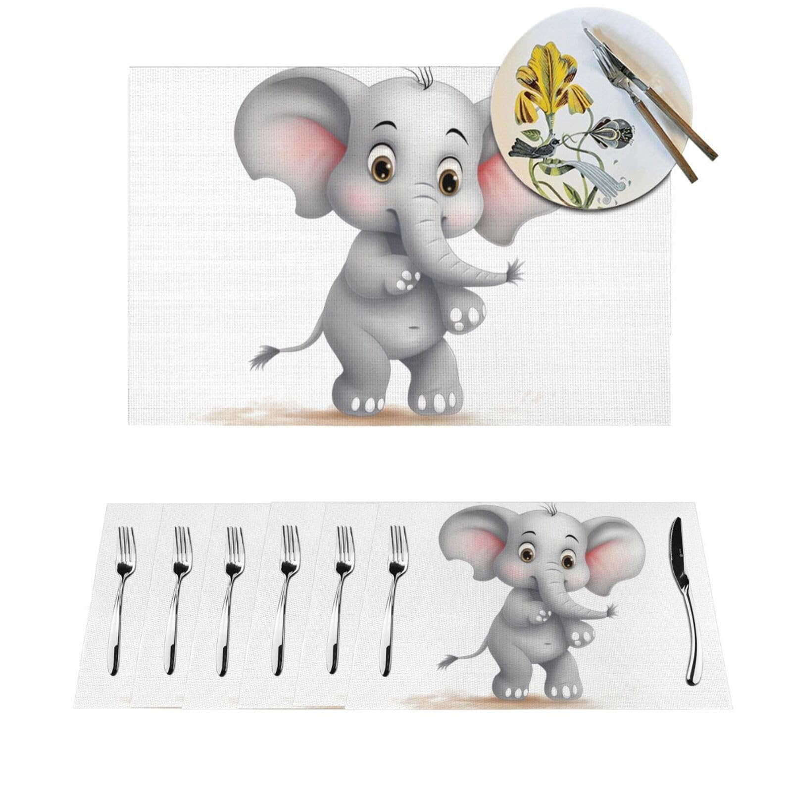 Sets de table tissés en PVC antidérapants et lavables motif éléphant mignon