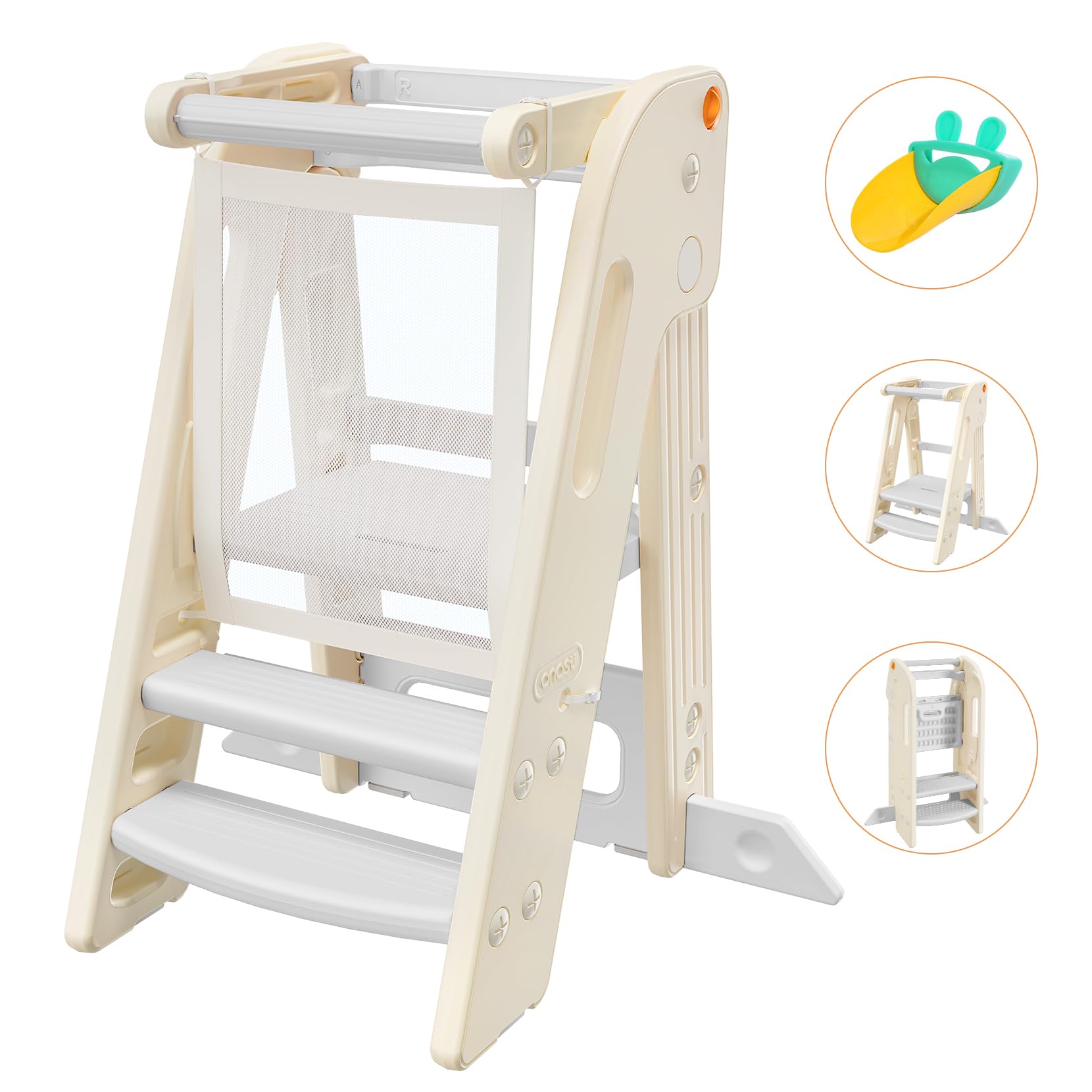Torre Montessoriana Pieghevole Regolabile Altezza Learning Tower Antiscivolo Anti-Ribaltamento Bianco 1-6 Anni
