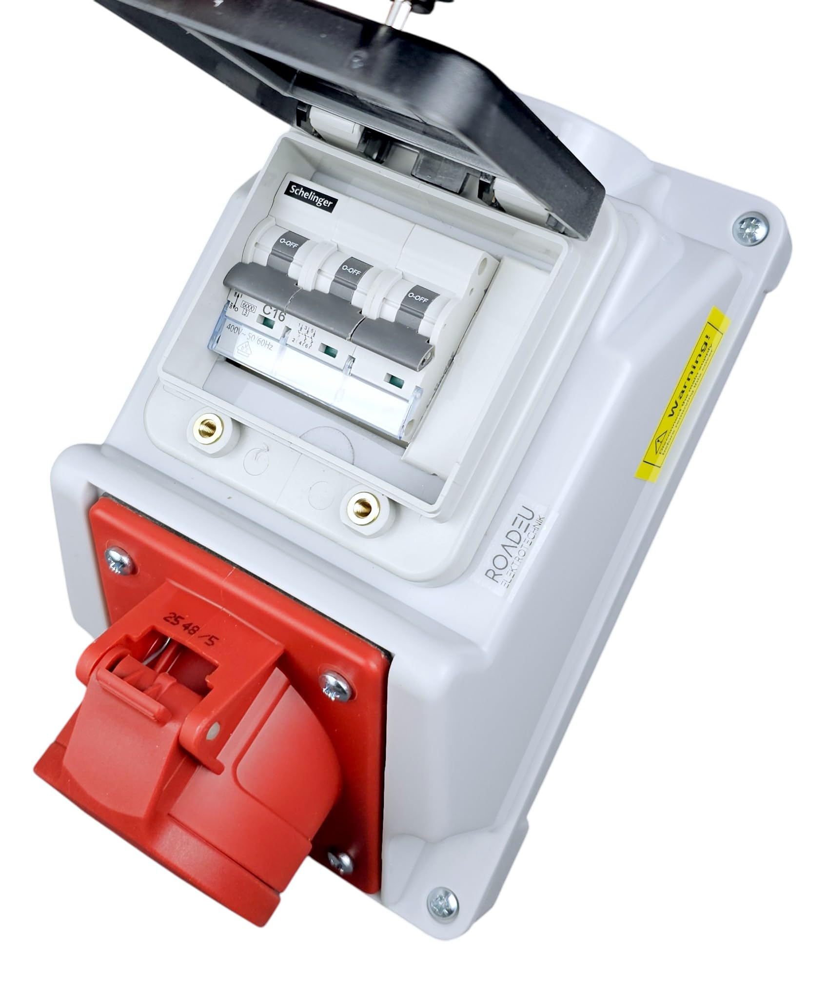 RoadEu Wandverteiler IP44 mit LS-Schalter | CEE 16A 5-polig 400V Steckdose | Sicherungskasten mit Klarsichtdeckel | vorverdrahtet 2,5mm² | für Werkstatt & Garage