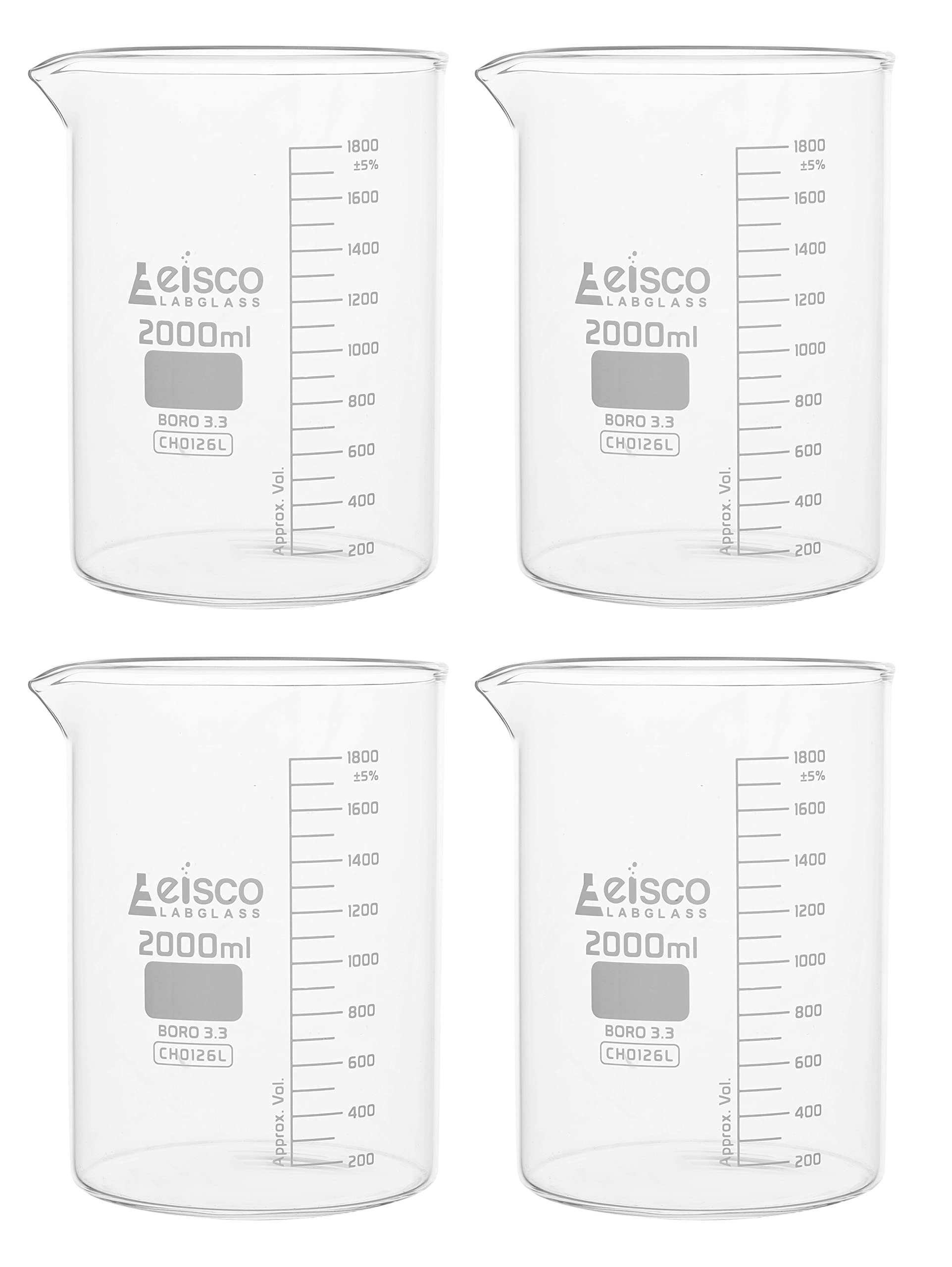 Juego de 4 vasos, 2000 ml, vidrio de borosilicato, graduaciones blancas, forma baja, laboratorios Eisco
