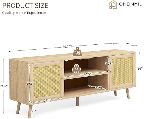 Miniatura 3 de oneinmil TV Stand for 75 Inch TV, Mid Century Modern Entertainment Center with Rattan Door Design, Storage Cabinets with Adjustable Shelves, Long