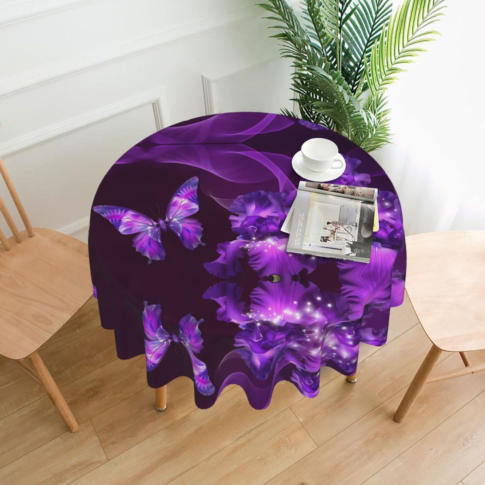 WHJSHOP Purple Butterfly Prints Round Table Throw 60 Inch – Waterproof Table Cover for Dining, Coffee Tables, Parties & More - Soft, Wrinkle-Resistant Table Layer