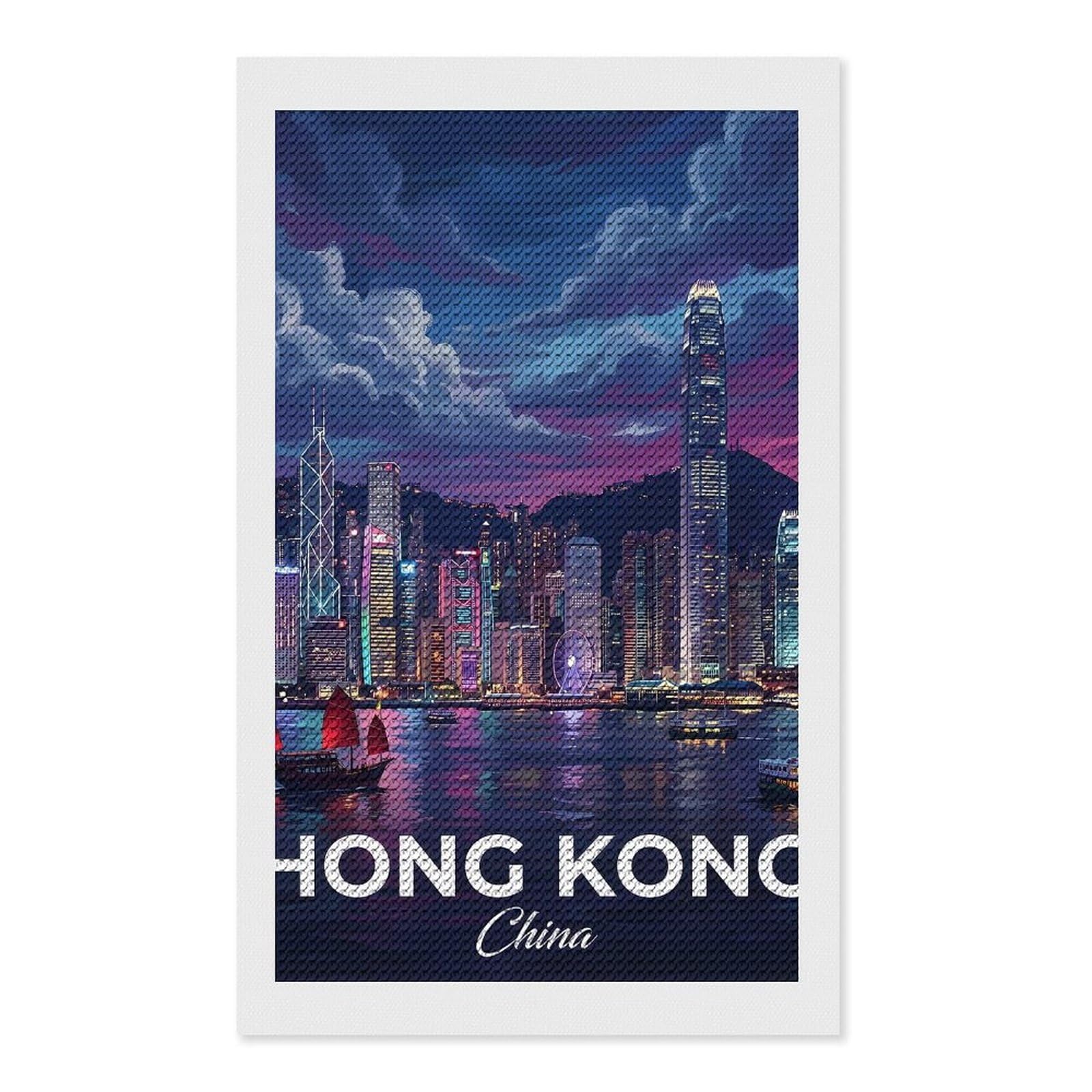 Junmoney Hong Kong Skyline at Dusk Diamond Painting Canvas Set 12"x20", with Tool Kit, Easy to Enjoy, Home Wall Decor, Thoughtful Handmade Gift