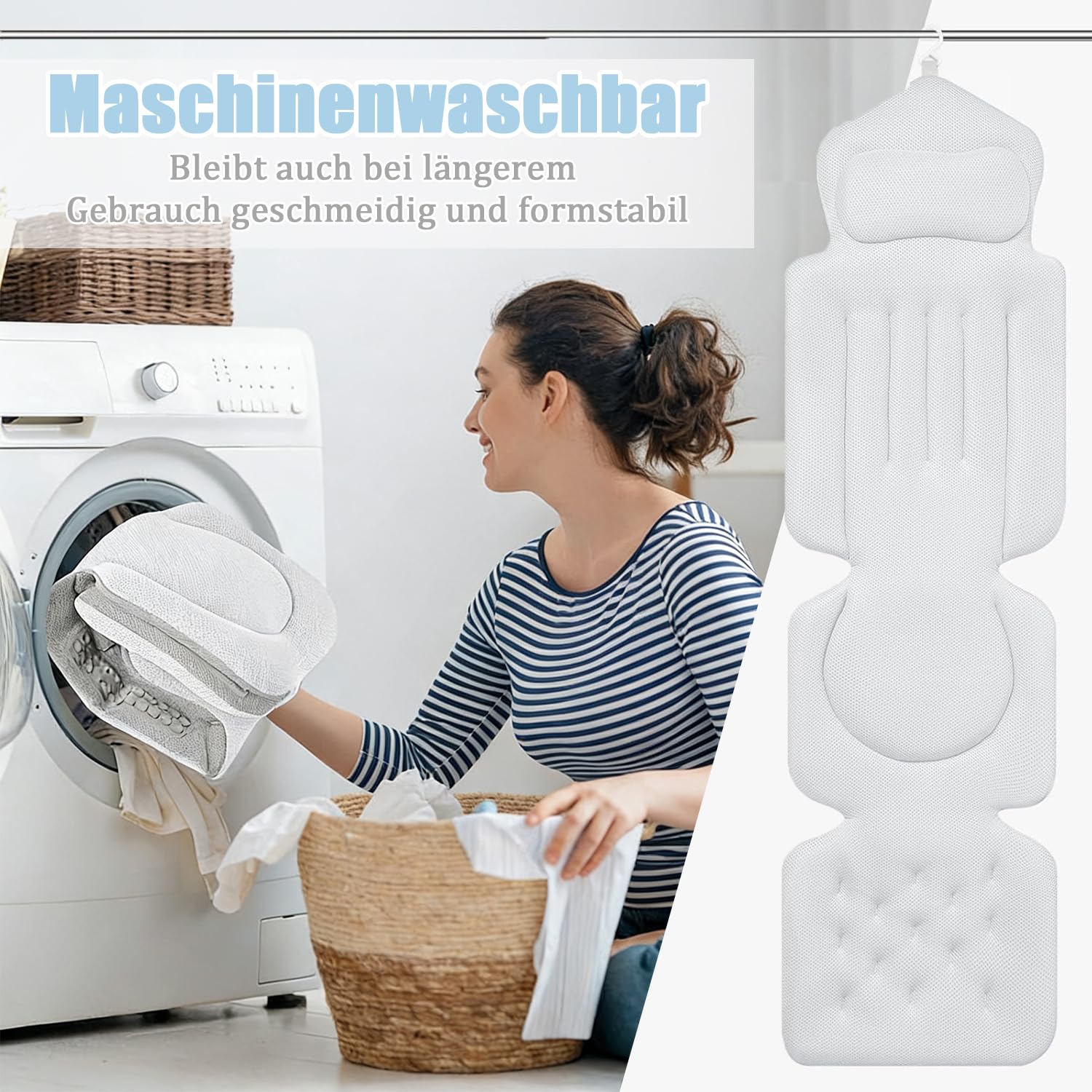 Badewannenkissen Ganzkörper, Badewannenmatte mit Kissen und Lendenwirbelstütze, mit Saugnäpfebad Anti-Rutsch und Hängehaken, Schnelltrocknend, Badekissen für Badewanne, 133x40cm