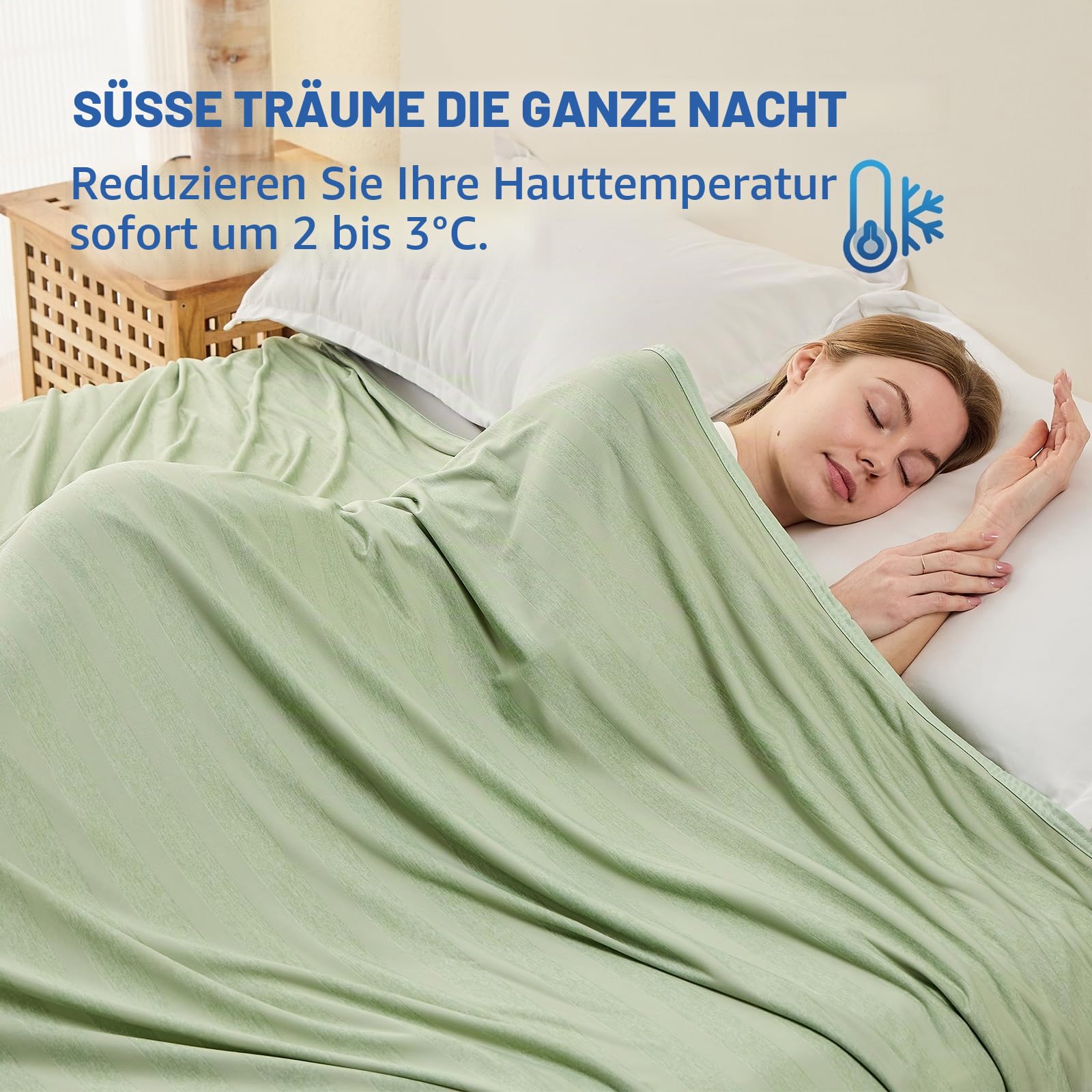 EMME Kühldecke Kühlende Decke, Arc-Chill Q-Max>0,5, 230 x230 cm, 2 in 1 Doppelseitige Dünne Sommerdecke, Leicht Atmungsaktiv Tagesdecken, Sofa Decken,Bettüberwurf Groß Kuscheldecke,Grün Gestreift