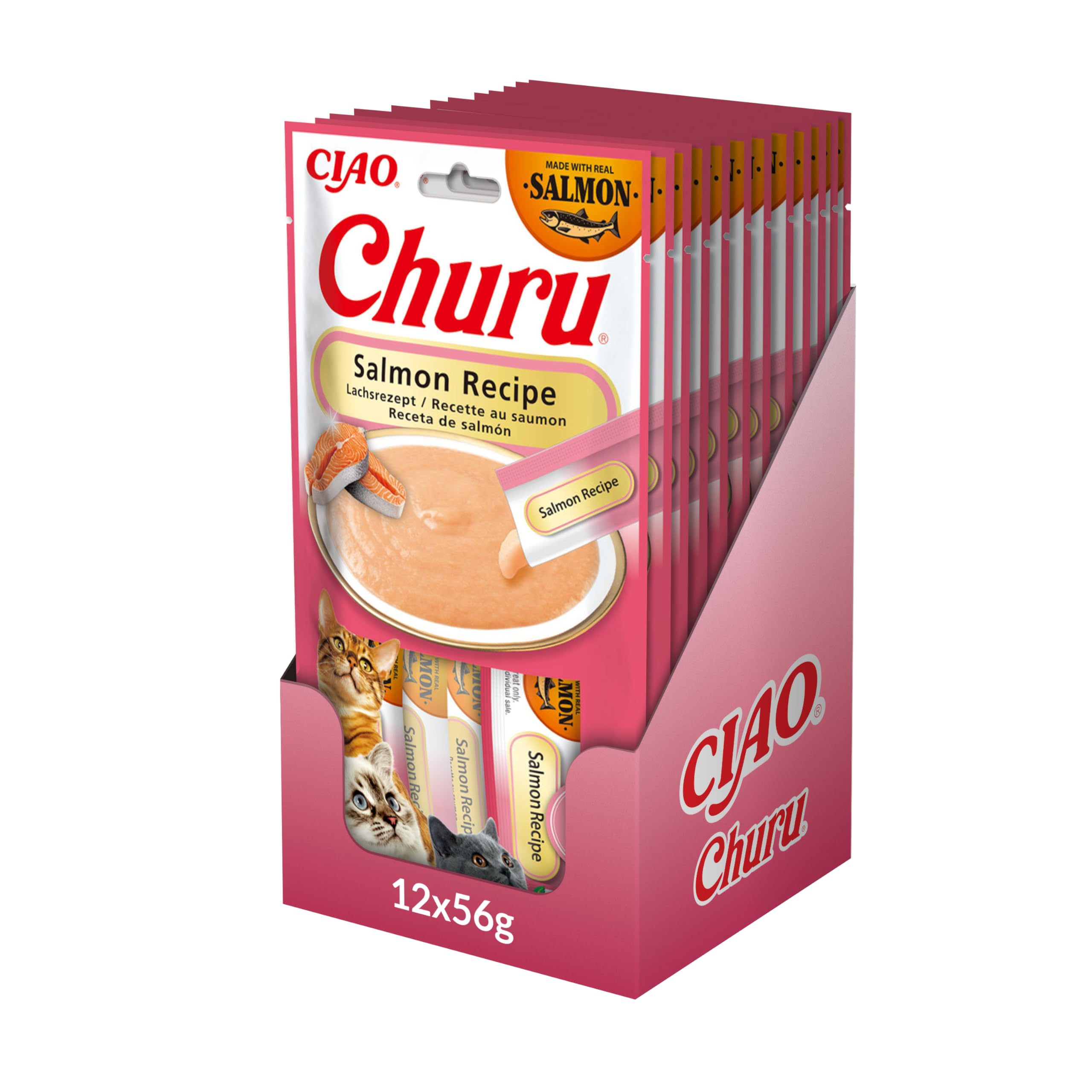 INABA Churu Sticks Cat Treat - Salmon - 12 Pack (48 x 14g) / Soft & Creamy Cat Treat, Delicious & Healthy Snack, Lickable Sticks, Hand Feeding, Natural, Grain Free, High in Moisture