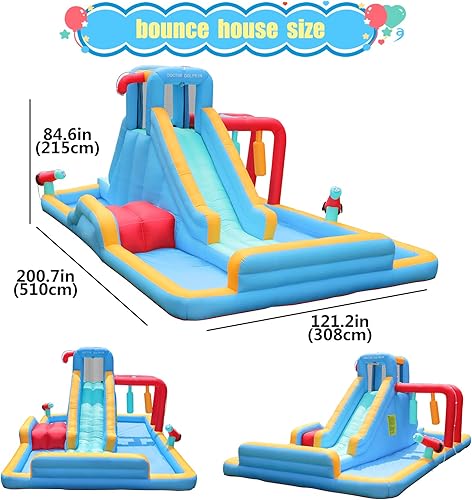 Miniatura 5 de Doctor Dolphin Toboganes acuáticos inflables, casa de rebote de agua con tobogán acuático para niños, parque acuático inflable para patio trasero,
