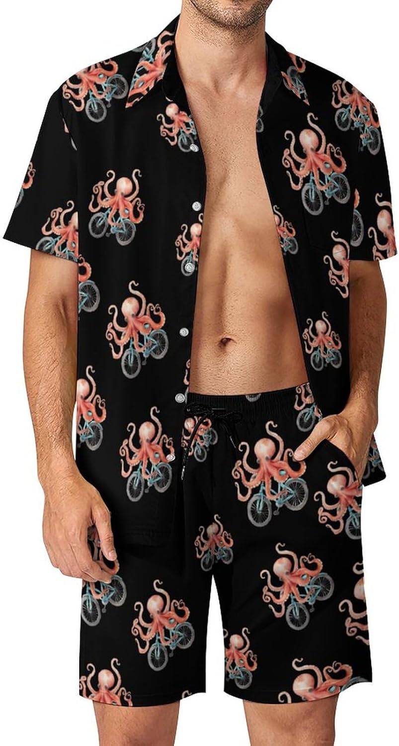 Cycling Cute Octopus Men's Summer Beach Outfits Shirt And Shorts Set 2 Piece Vacation Swimwear