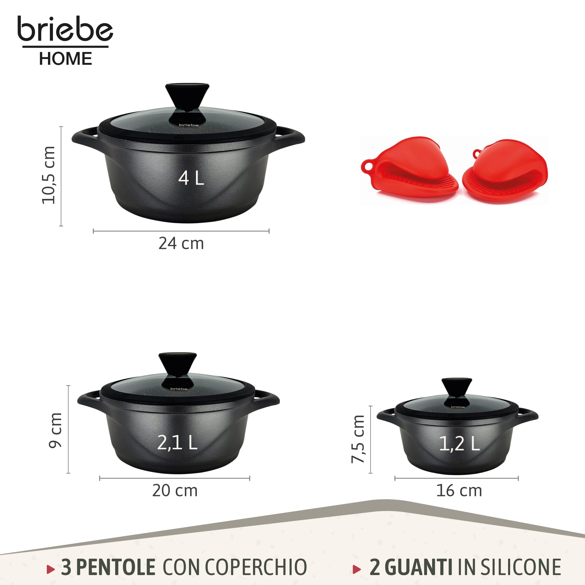 briebe Set Pentole Induzione Batteria 6 Pezzi, 3 Casseruola, Alluminio Pressofuso, Antiaderente ILAG GRANITEC senza PFOA, Coperchi in Vetro, Guanti in Silicone, Vetroceramica, Gas, Forno, MGK-18S