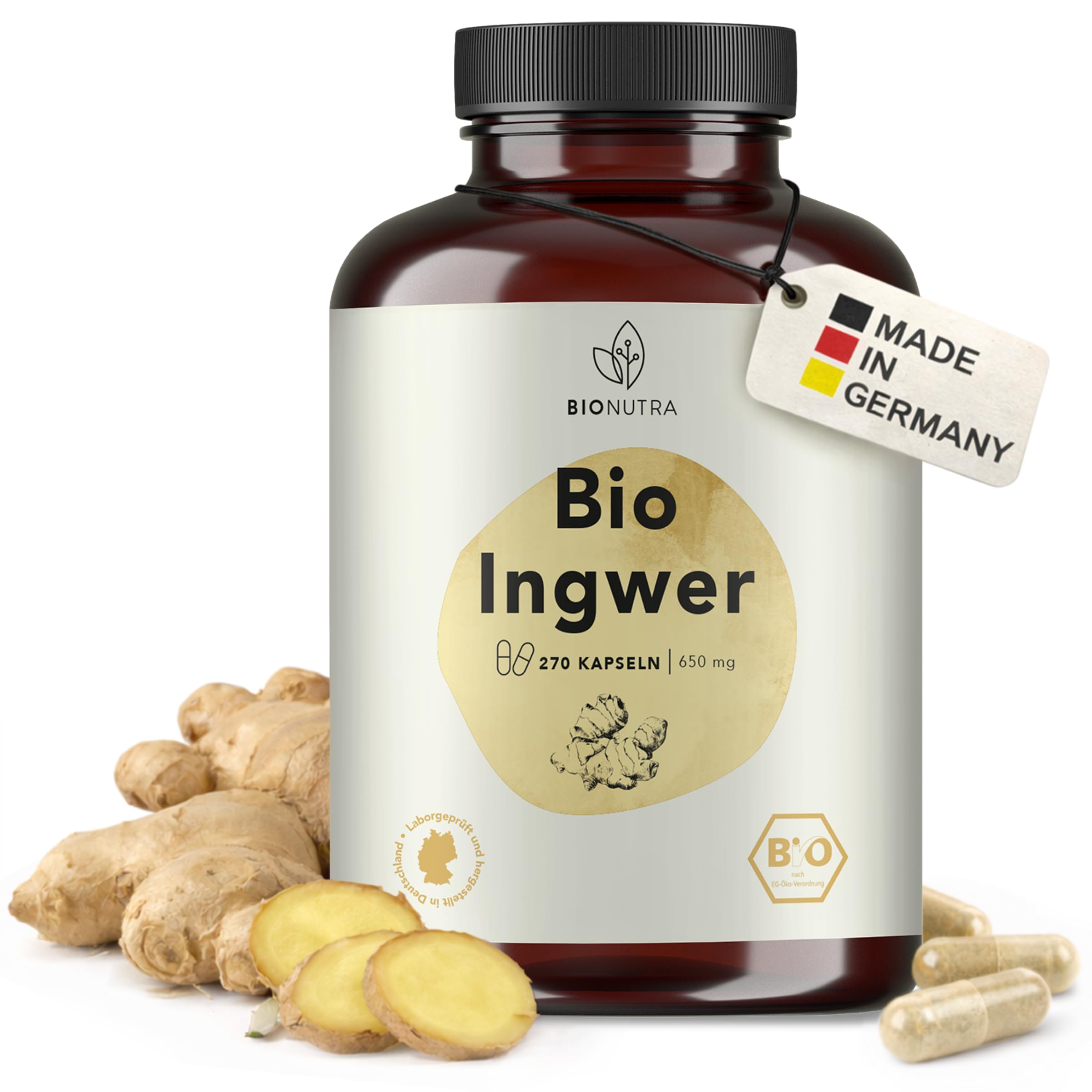 BIONUTRA® Gélules gingembre bio hautement dosées 1300 mg/jour, contrôlées résidus, fabrication allemande, véganes, sans lactose ni gluten, sans additifs, 270 pièces x 650 mg