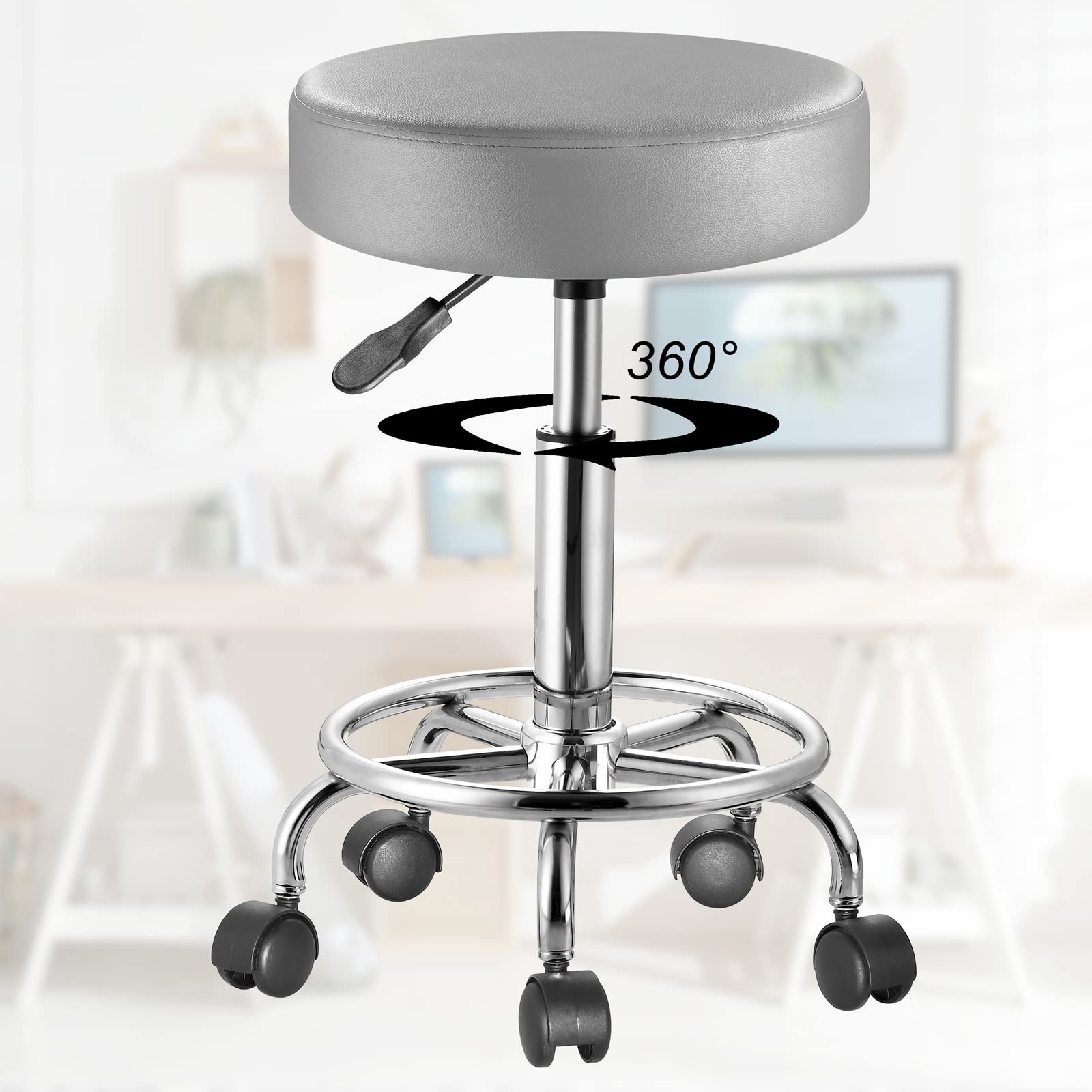 Casaria Tabouret à roulettes réglable en Hauteur 51-65 cm Rembourrage 10 cm pivotable 360° Repose-Pieds Tabouret de Bureau Gris