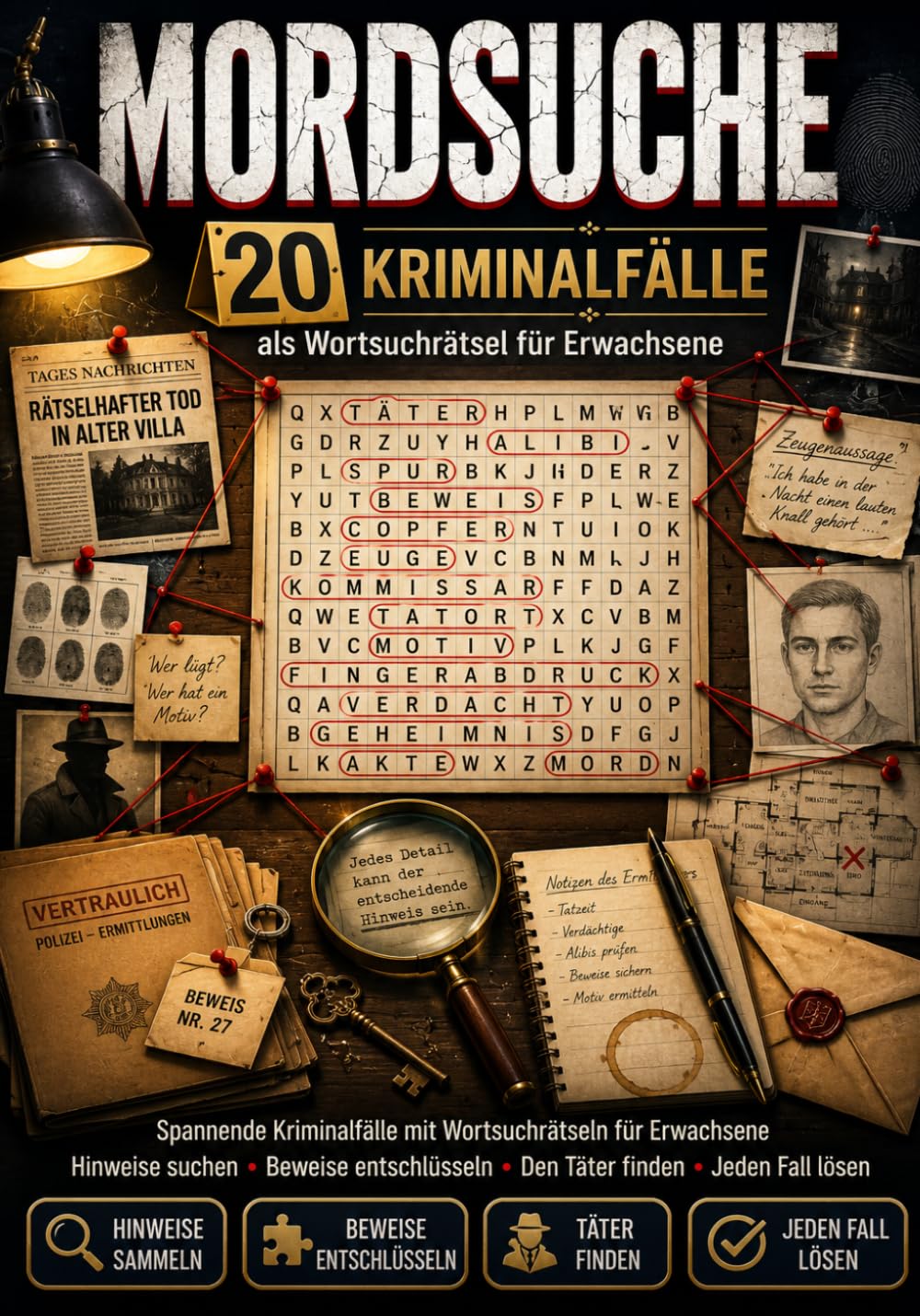 Mordsuche: 20 Kriminalfälle als Wortsuchrätsel für Erwachsene: Spannende Kriminalfälle mit Wortsuchrätseln für Erwachsene – Hinweise suchen, Beweise ... den Täter finden und jeden Fall lösen