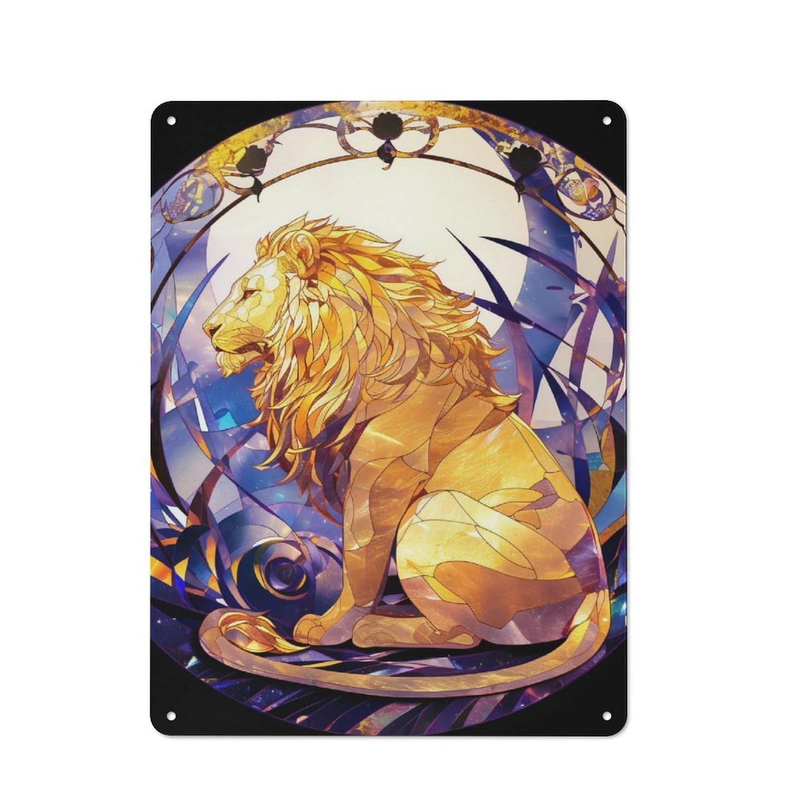 Character Decorative Tin Plaque 40x30cm Featuring Golden Lion in Stained Glass Style, Home Wall Decor for Flat, Dorm Room, Lounge Or Cafe