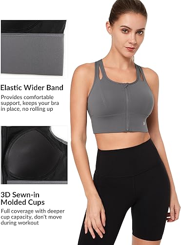 Miniatura 7 de Yvette Sujetadores deportivos para mujer de alto impacto con cremallera frontal para busto grande, soporte completo, espalda cruzada, entrenamiento